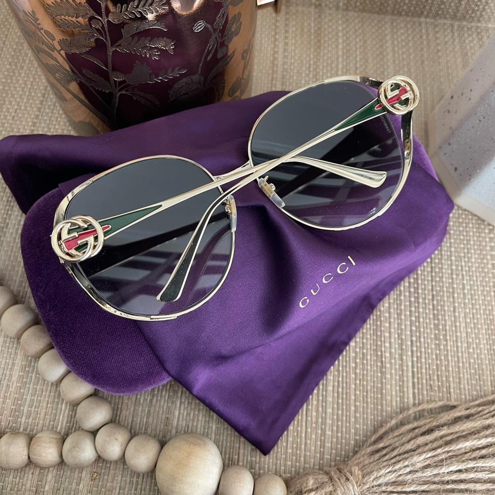 GUCCI Oversized Oval GG Gold Red Green Sunglasses - Picture 6 of 15